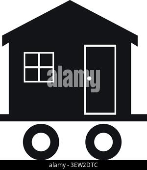 Flat illustration of a black tiny house on wheels with a white window door and trailer base Stock Vector