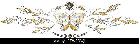 Celestial mystic moth with moon and sun symbols. Outline vector butterfly in vintage style with floral elements for witchy tattoo, tarot and esoteric Stock Vector
