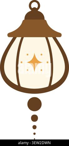 Flat illustration of a hanging lantern with brown frame glowing cream center and dotted chain details Stock Vector