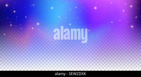 Night sky background. Blue and purple space with textured gradient and transparency. Abstract magic universe with shiny stars and sparkles. Vector Stock Vector