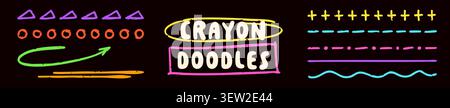Neon color crayon underlines on dark background. Color arrows and lines. Stock Vector