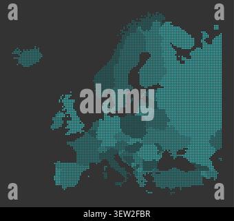 This map displays Europe using small pixel squares to represent different countries and their political boundaries in a digital format during the current time. Stock Vector