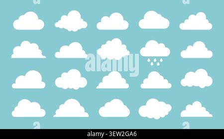 Collection of white cloud shapes vector isolated on sky blue background. Cloud icon set. Stock Vector