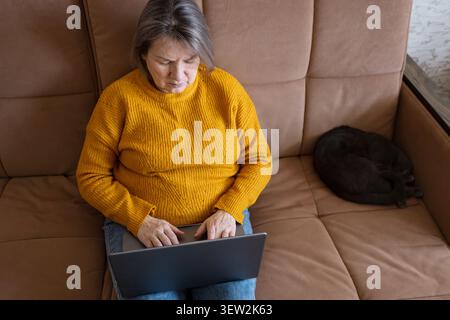 Senior woman working from home with laptop and cat Stock Photo