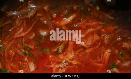 Close-up view of a rich red soup borsh with shredded vegetables and herbs Stock Photo