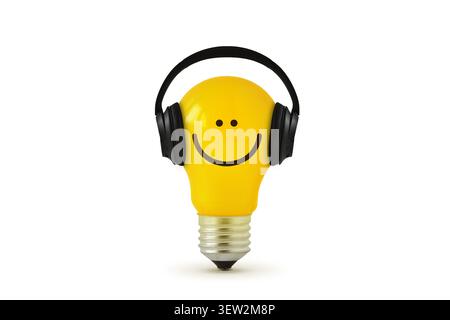 Happy light bulb with headphones on white background - Concept of ideas, crreativity and music benefits Stock Photo