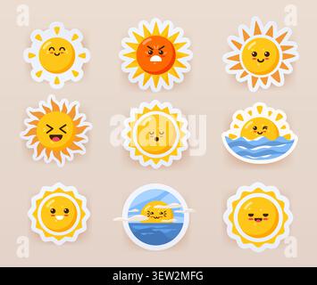 Cute sun characters summer emotions set cartoon faces waves sunset clouds pastel background sticker pack emoji collection Stock Vector