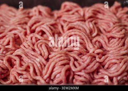 Fresh pork minced meat texture background. Top view of raw pork forcemeat. Stock Photo