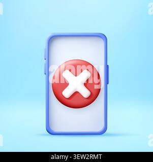 3D smartphone with red cross mark icon on screen. Stock Vector