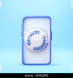 Mobile phone with refresh circular arrow button on screen. 3D smartphone icon for data update and system sync. Digital technology interface concept fo Stock Vector