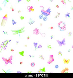 Girl baby shower seamless vector pattern with cute pink and pastel colored elements. Stock Vector
