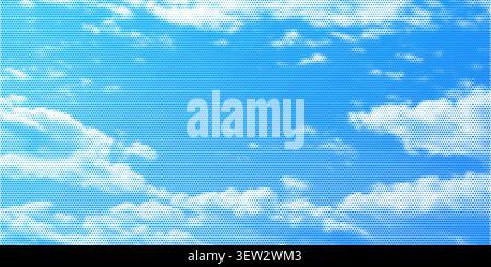 Halftone cloud sky on blue backdrop with pixelated texture vector illustration background. Stock Vector