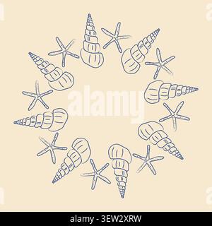 Sea shells and starfish round frame hand drawn line art vector illustration flat Stock Vector