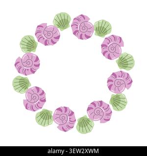 Cute round frame with pink snail seashells and green scallop shells on white background flat Stock Vector