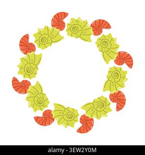 Round frame wreath with green spiky seashells and orange nautilus shells on white background flat Stock Vector