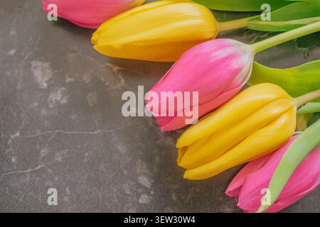 Luxury dark moody composition of yellow and pink tulips on black marble. Vibrant spring flowers with soft lighting and ample copy space for premium br Stock Photo