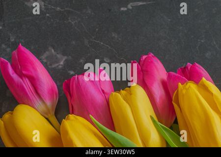 Luxury dark moody composition of yellow and pink tulips on black marble. Vibrant spring flowers with soft lighting and ample copy space for premium br Stock Photo