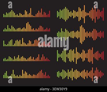 Colorful podcast audio waveform sound signals on black background Stock Vector