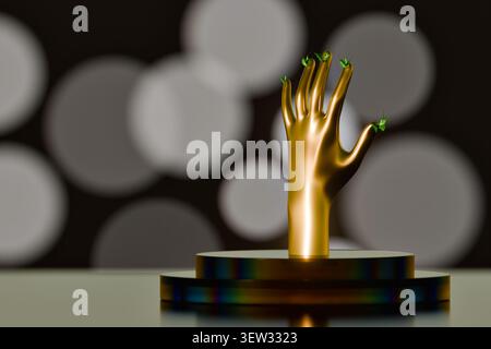 Anatomy pop style glossy golden human hand sculpture with green plant sprouts on fingertips. Luxury pop art hand on a round tiered stand with bokeh ba Stock Photo