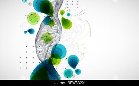 Abstract geometric background with green and blue circles and wireframe wave. Vector Stock Vector