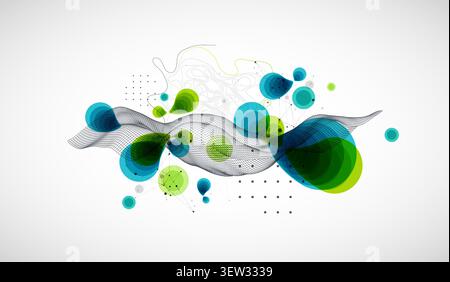 Abstract geometric background with green and blue circles and wireframe wave. Vector Stock Vector