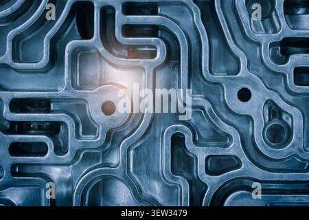 Close-up of a 3D-printed industrial metal component with complex matrix mesh structure. textured tech industrial technology background Stock Photo