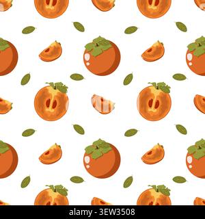 Seamless pattern of persimmons with green leaves on white background, including whole fruits, halves, and slices, fresh and colorful design for textil Stock Photo