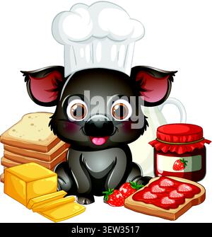 Cute pig character wearing chef hat surrounded by bread, strawberry jam, and butter slices. Stock Vector