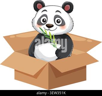 Vector illustration of a smiling panda holding bamboo inside a brown shipping box. Stock Vector