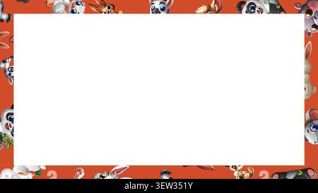 Vector illustration of diverse baby animals surrounding a blank rectangular frame on orange background. Stock Vector
