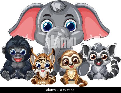 Vector illustration of baby elephant, gorilla, lynx, meerkat, and lemur in friendly cartoon style. Stock Vector