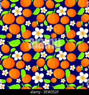 Flat vector illustration of whole oranges, green leaves, and white blossoms on dark blue. Stock Vector