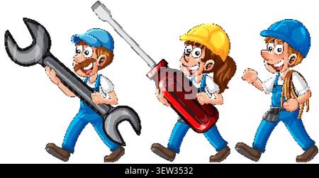 Three cartoon workers in blue uniforms holding large wrench, screwdriver, and backpack, white background Stock Vector