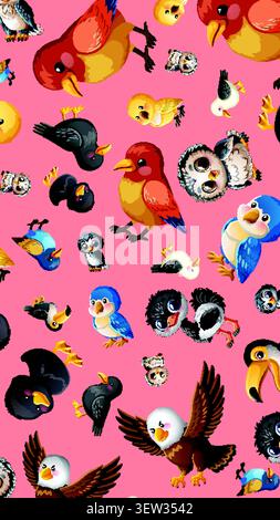Colorful vector illustration of various cartoon birds arranged in a seamless repeating pattern. Stock Vector