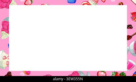 Vector illustration of sweet treats and berries bordering a blank white rectangular text area. Stock Vector