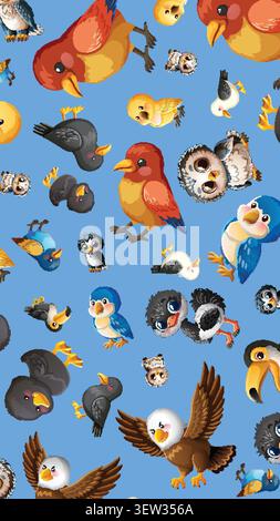 Colorful seamless vector pattern with diverse cartoon birds including owls, eagles, and toucans. Stock Vector
