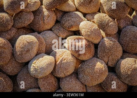 Many traditional Moroccan khobz m'semmen flatbreads are piled together, showing their round shapes and textured surfaces from semolina. This image is Stock Photo