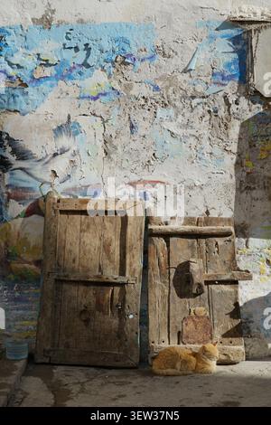 A ginger cat rests peacefully on a sunlit concrete ground, positioned in front of two old, rustic wooden doors. The background features a textured, pe Stock Photo