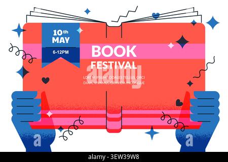 Book festival banner poster template. Person holding red book in hands and reading, vector flat geometric illustration. Learning and education concept Stock Vector