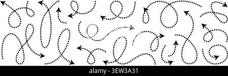 Squiggly dotted arrow, vector dashed curved line arow set. Rise and fall change plan, doodle shaped pointer map element. 3d dynamic curly direction Stock Vector