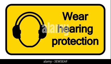 Bright yellow caution sign featuring headphones, reminding individuals to wear hearing protection in high-noise environments for safety and health. Stock Vector
