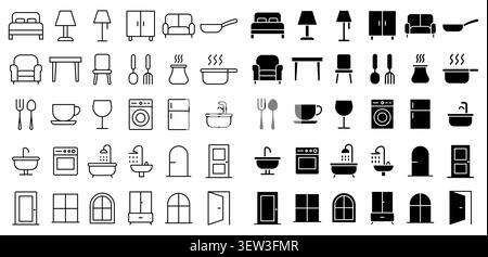 A versatile collection of black and white icons representing essential home and kitchen items. Ideal for design projects, presentations, or educationa Stock Vector