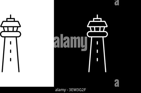 Air Traffic Control Tower Line Icon Set. Aviation Safety, Flight Navigation, And Airport Management Outline Symbol Collection. Dual Color Scheme Stock Vector