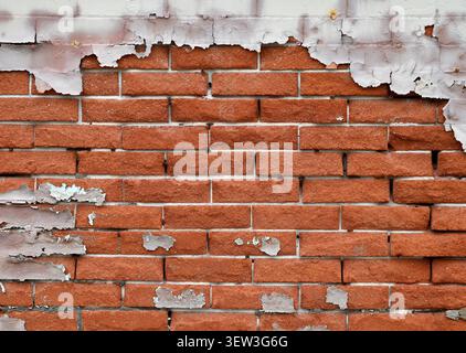 Horizontal close up of a deteriorating red brick wall surface with weathered white peeling paint Stock Photo