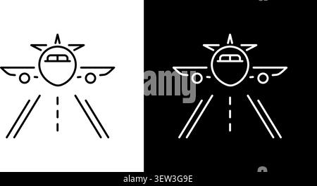 Airplane Landing On Runway Line Icon Set. Aviation, Travel, And Airport Navigation Outline Symbol Collection. Flight Arrival And Transportation Stock Vector