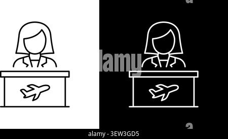 Female Travel Agent At Desk Line Icon Set. Airline Customer Service And Travel Booking Outline Symbol Collection. Aviation And Tourism Industry Stock Vector