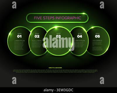 A stylish neon green infographic featuring five steps within glowing glass circles. This infographic uses a dark background and neon green lights for Stock Vector