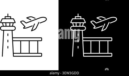 Airport Control Tower And Airplane Line Icon Set. Aviation Management, Air Traffic Control, And Flight Operations Outline Symbol Collection. Editable Stock Vector