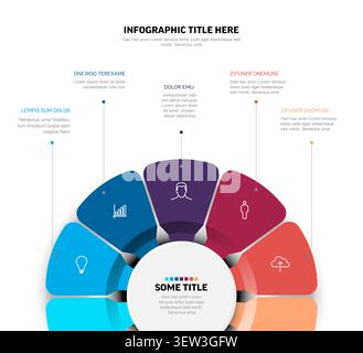 Professional circular infographic template featuring seven colored segments for business data. This circular infographic includes icons and text areas Stock Vector