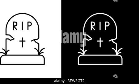 Tombstone With Rip And Cross Line Icon Set. Memorial, Mourning, And Funeral Symbol Collection. Grave Marker, Death, And Remembrance Outline. Editable Stock Vector